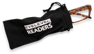 Eyelevel-UK Alfie brown rectangular reading glasses partially inside a black branded soft pouch