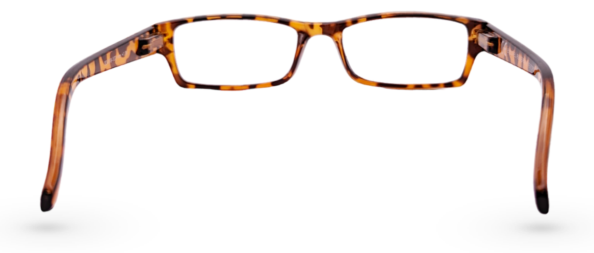 Eyelevel-UK Alfie Brown rectangular reading glasses with a classic tortoiseshell plastic frame, back view.