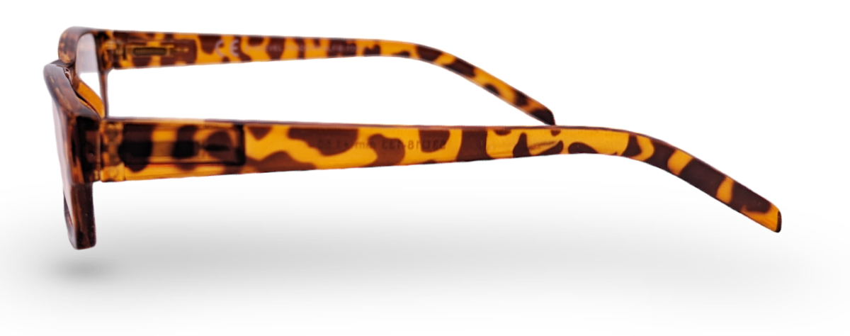Eyelevel-UK Alfie brown reading glasses with a slim rectangular tortoise shell plastic frame, side profile view.
