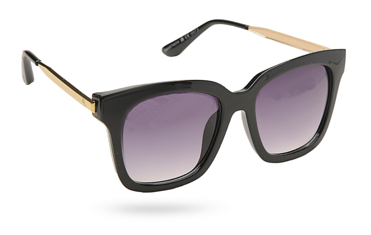 Eyelevel-UK Anastacia oversized square sunglasses in black with light gold temples and grey gradient lenses.