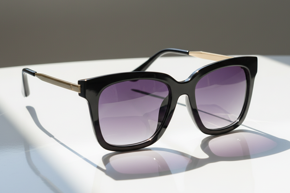 Eyelevel-UK Anastacia oversized square sunglasses in black and light gold with grey gradient lenses