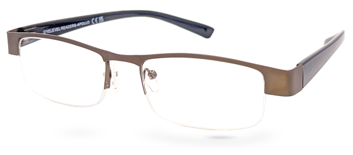 Eyelevel-UK Apollo semi-rimless reading glasses with bronze rectangular frames and dark temples on a white background.