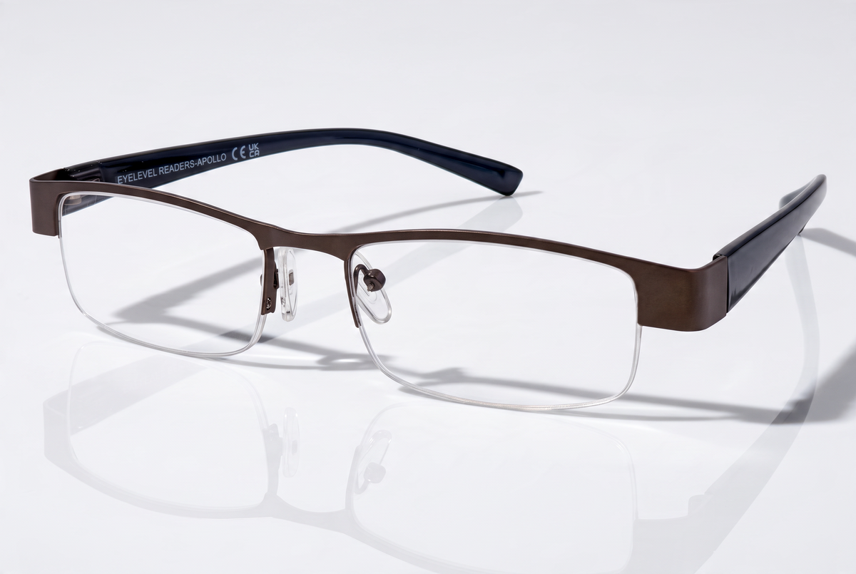 Eyelevel-UK Apollo semi-rimless reading glasses with bronze rectangular frames and dark temples on a white surface