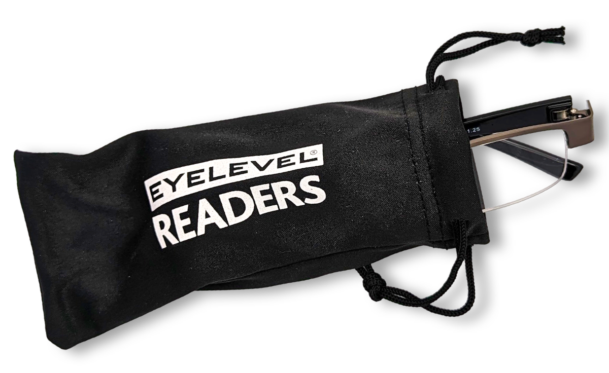 Eyelevel-UK Apollo semi-rimless reading glasses with bronze rectangular frames inside a black branded storage pouch.