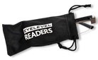 Eyelevel-UK Apollo semi-rimless reading glasses with bronze rectangular frames inside a black branded storage pouch.