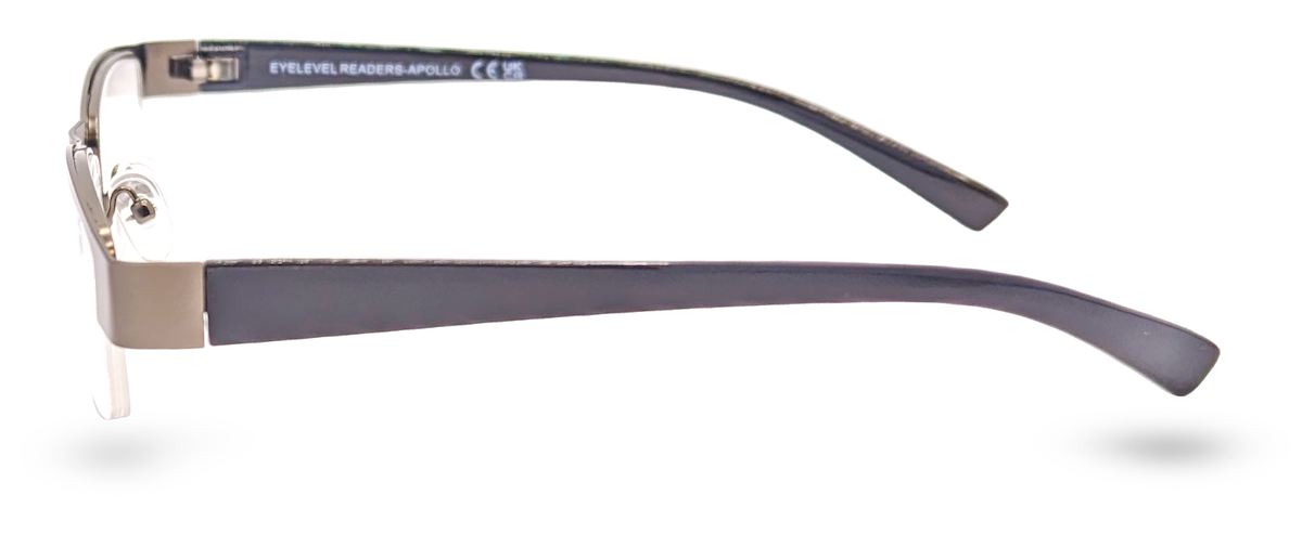 Eyelevel-UK Apollo semi-rimless reading glasses with bronze-tone rectangular frames and dark temples, side view.
