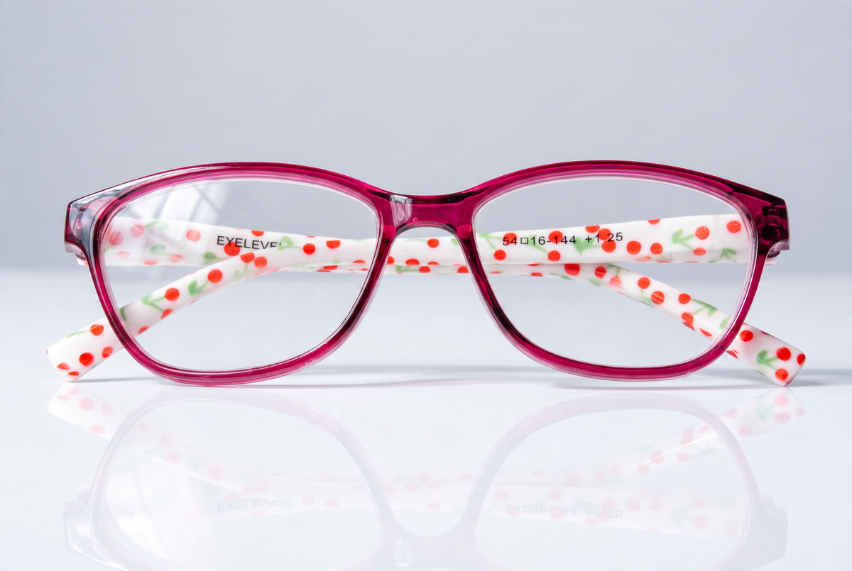 Eyelevel-UK Aruba reading glasses with a bright pink rounded-square frame and white arms featuring a red cherry print.