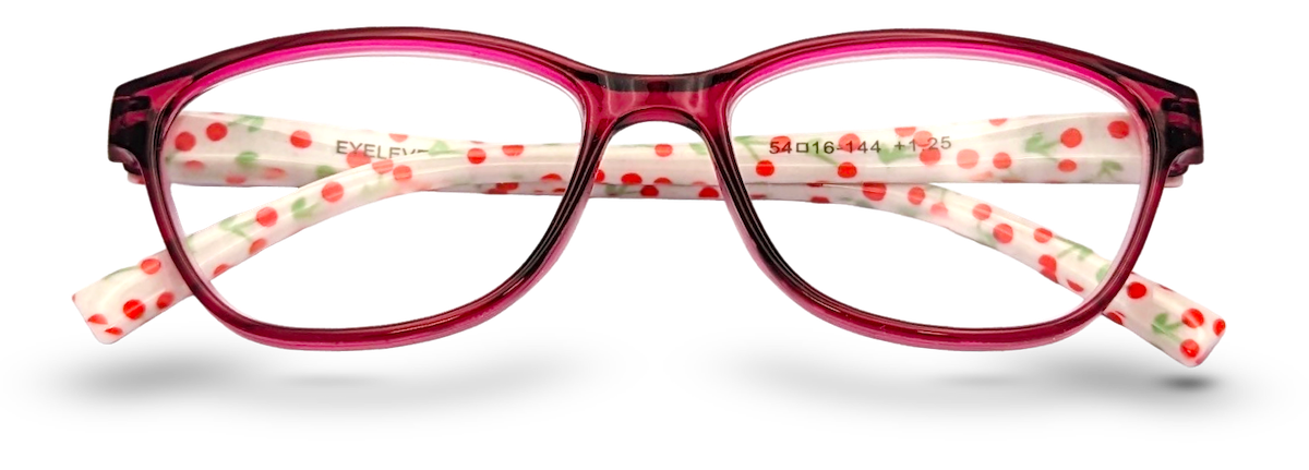 Eyelevel-UK Aruba reading glasses with bright pink rounded-square frames and white temples featuring a cherry pattern.