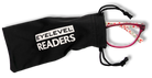 Eyelevel-UK Aruba bright pink reading glasses with floral pattern arms inside a black branded drawstring pouch.