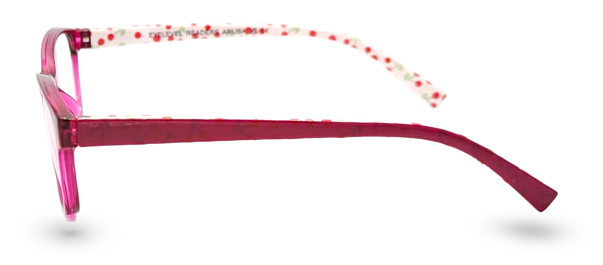 Eyelevel-UK Aruba reading glasses with a bright pink rounded-square plastic frame and cherry pattern on the temples.