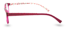 Eyelevel-UK Aruba reading glasses with a bright pink rounded-square plastic frame and cherry pattern on the temples.