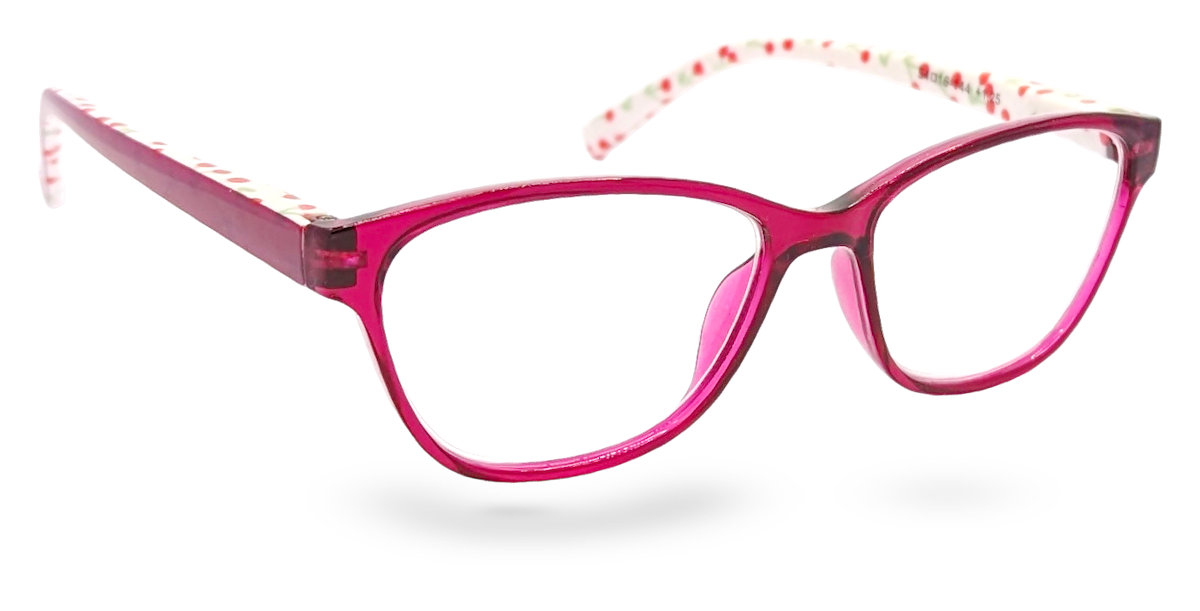 Eyelevel-UK Aruba reading glasses with bold bright-pink rounded-square plastic frames and patterned temple arms.