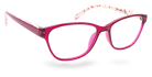 Eyelevel-UK Aruba reading glasses with bold bright-pink rounded-square plastic frames and patterned temple arms.