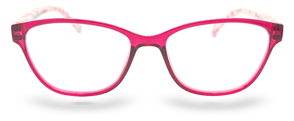 Eyelevel-UK Aruba reading glasses with a bold bright-pink rounded-square plastic frame and clear magnifying lenses.
