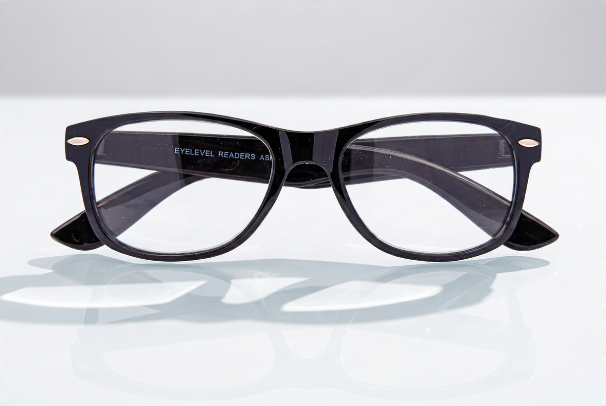 Eyelevel-UK Ashley black rectangular reading glasses with clear magnifying lenses and a classic full rim plastic frame.