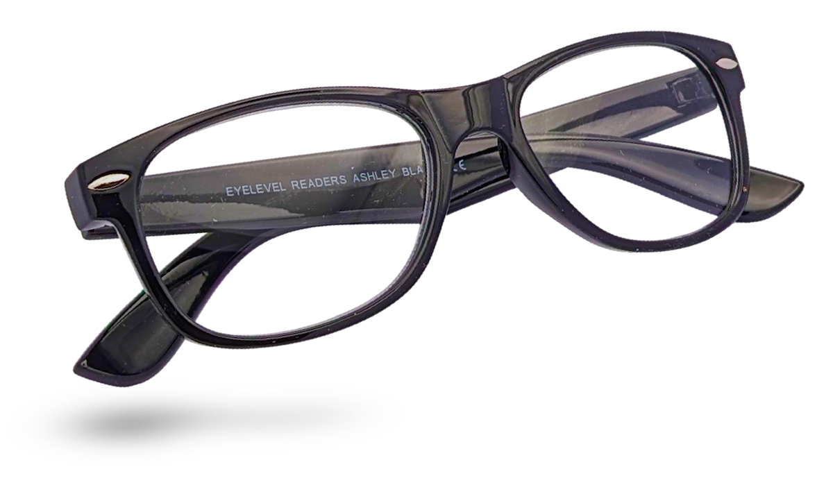 Eyelevel-UK Ashley Black reading glasses with a classic rectangular black plastic frame and clear magnifying lenses.