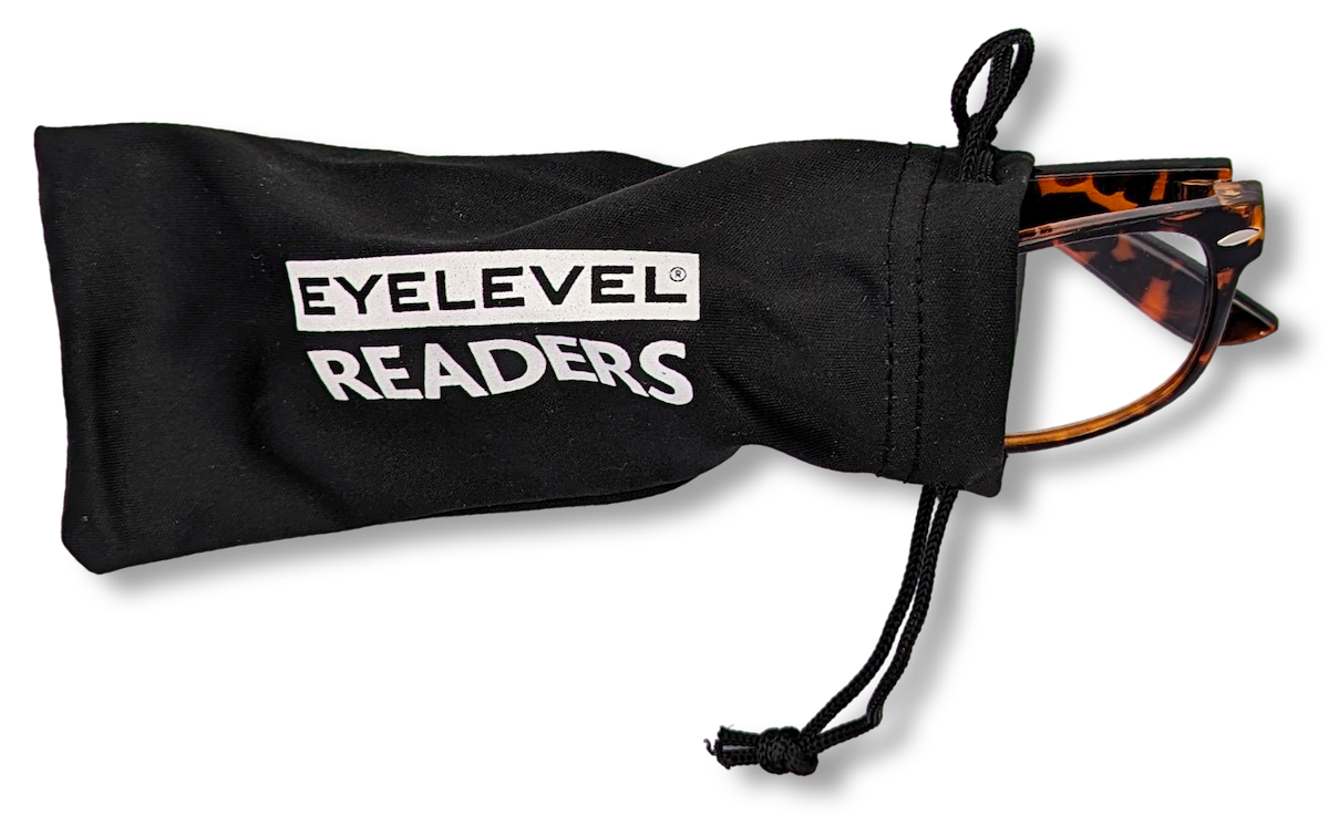 Eyelevel-UK Ashley Brown reading glasses with tortoiseshell rectangular frames inside a black drawstring pouch