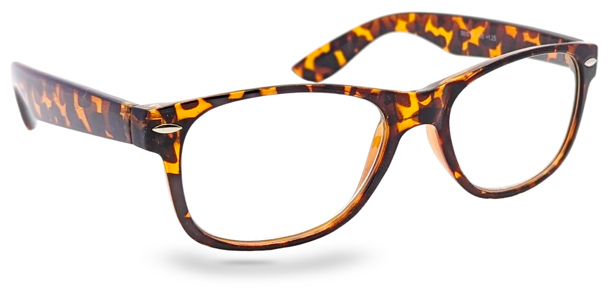 Eyelevel-UK Ashley Brown reading glasses with a rectangular tortoiseshell plastic frame and clear magnifying lenses.