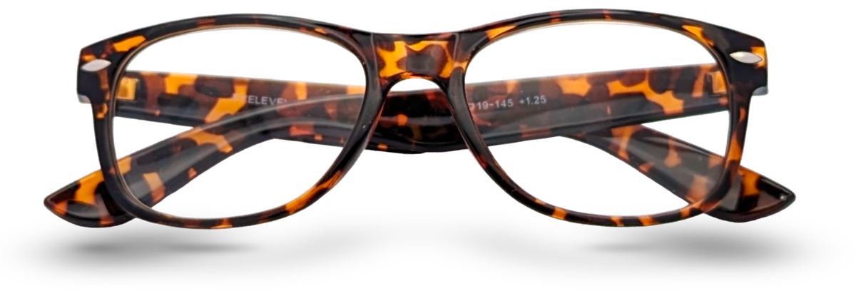 Eyelevel-UK Ashley Brown reading glasses with a rectangular tortoiseshell plastic frame and clear magnifying lenses.