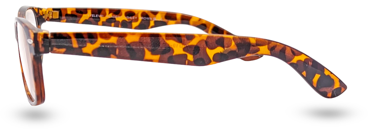 Eyelevel-UK Ashley Brown reading glasses with a rectangular tortoiseshell plastic frame, side view