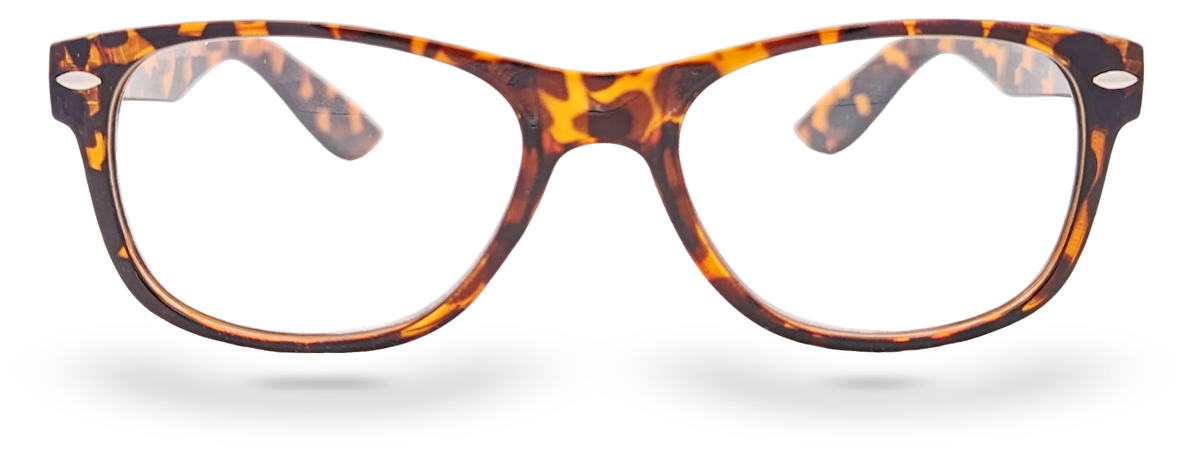 Eyelevel-UK Ashley Brown reading glasses with a rectangular tortoiseshell plastic frame and clear magnifying lenses.