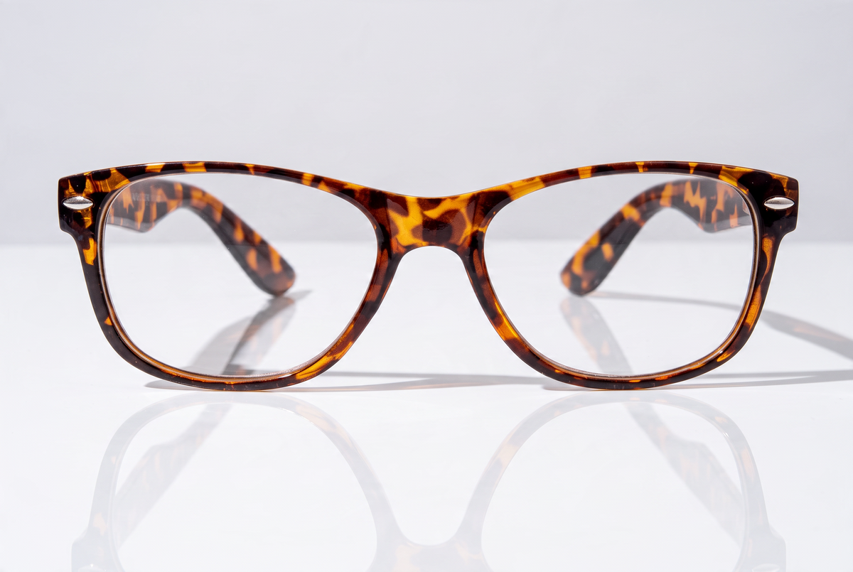 Eyelevel-UK Ashley Brown reading glasses with a rectangular tortoiseshell plastic frame on a reflective surface