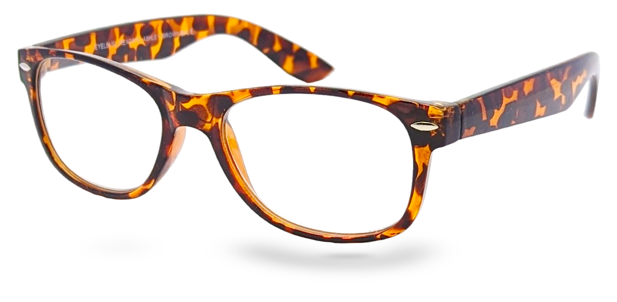 Eyelevel-UK Ashley Brown reading glasses with a rectangular tortoiseshell plastic frame and clear magnifying lenses.