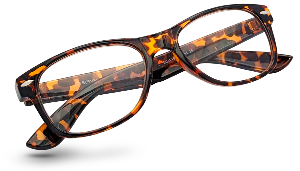 Eyelevel-UK Ashley Brown rectangular reading glasses with a brown tortoiseshell plastic frame and clear lenses.