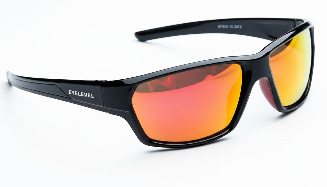 Eyelevel-UK Attack sports sunglasses with black frames and red/orange mirrored lenses. Lightweight polycarbonate with UV400 protection.