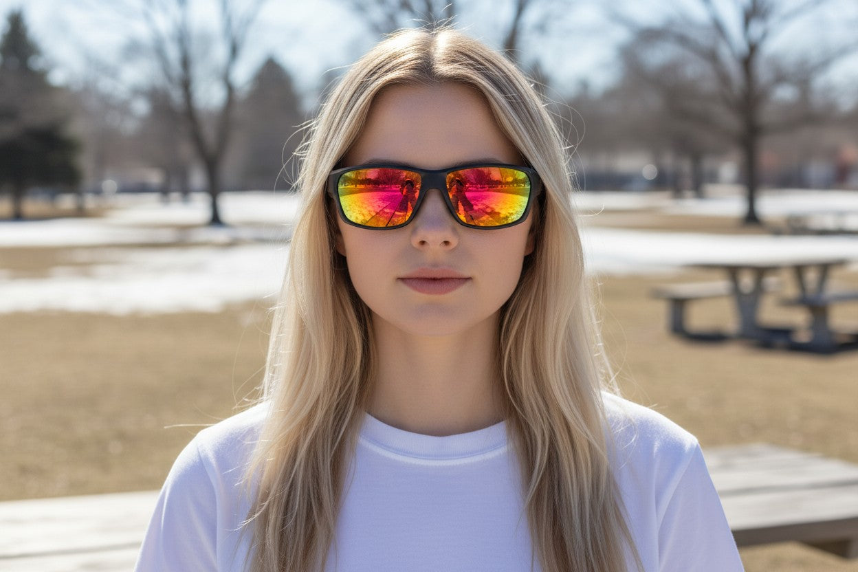 Eyelevel-UK Attack sunglasses with black frames and red/yellow mirrored lenses. Polycarbonate sports style with UV400 protection.