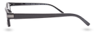 Eyelevel-UK Attorney black rectangular reading glasses with slim plastic frames viewed from the side.