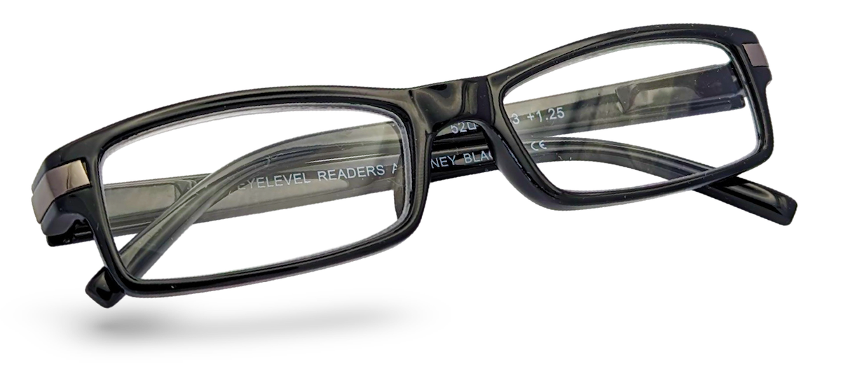 Eyelevel-UK Attorney black rectangular reading glasses with slim plastic frames and clear magnifying lenses