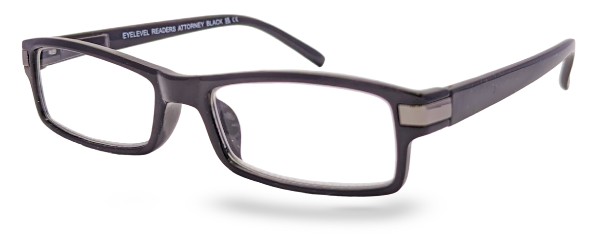 Eyelevel-UK Attorney black reading glasses with a slim rectangular plastic frame and clear magnifying lenses