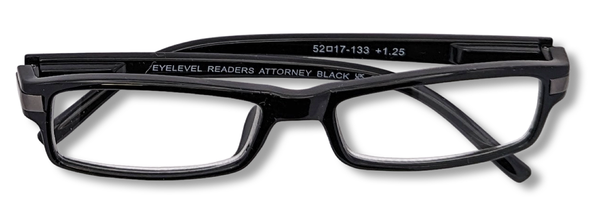 Eyelevel-UK Attorney black rectangular reading glasses with slim plastic frames and clear magnifying lenses.