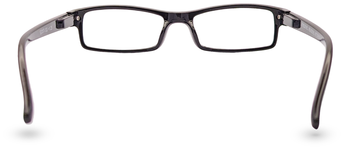 Eyelevel-UK Attorney black reading glasses with a slim rectangular plastic frame, shown from a rear perspective.