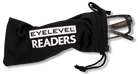Eyelevel-UK Attorney Brown reading glasses partially inside a black branded drawstring pouch