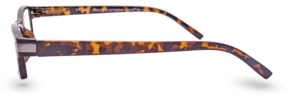 Eyelevel-UK Attorney brown tortoise shell rectangular reading glasses with slim plastic frames, side profile view.