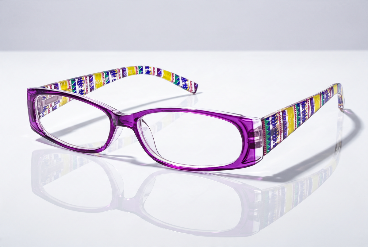Eyelevel-UK Aztec reading glasses with a purple rectangular frame and colourful patterned temples on a white surface.
