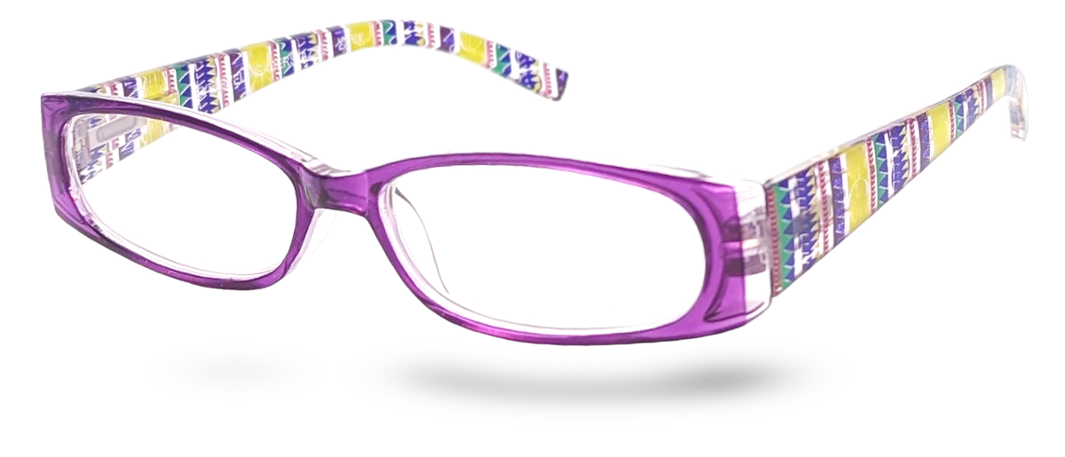 Eyelevel-UK Aztec reading glasses with a purple rectangular plastic frame and colourful patterned temples.
