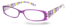 Eyelevel-UK Aztec reading glasses with a purple rectangular plastic frame and colourful patterned temples.
