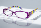 Eyelevel-UK Aztec reading glasses with a purple rectangular frame and multicoloured patterned temples