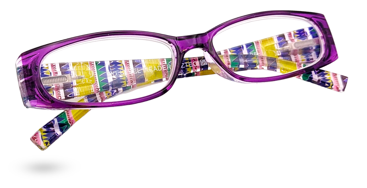 Eyelevel-UK Aztec reading glasses with a purple rectangular frame and colourful patterned temples.