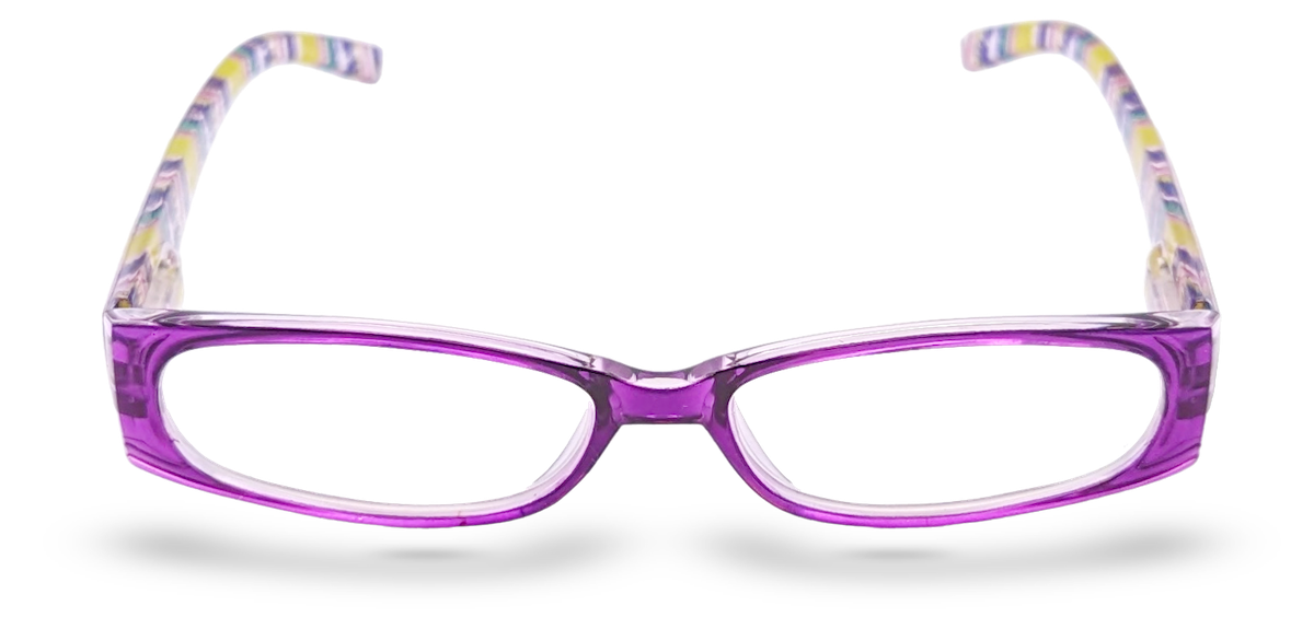 Eyelevel-UK Aztec reading glasses with a shallow purple rectangular frame and multicoloured patterned temples