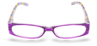 Eyelevel-UK Aztec reading glasses with a shallow purple rectangular frame and multicoloured patterned temples