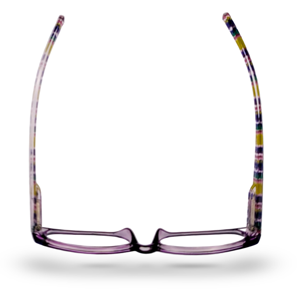 Eyelevel-UK Aztec reading glasses with a shallow purple rectangular frame and multicoloured patterned temples.