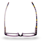 Eyelevel-UK Aztec reading glasses with a shallow purple rectangular frame and multicoloured patterned temples.