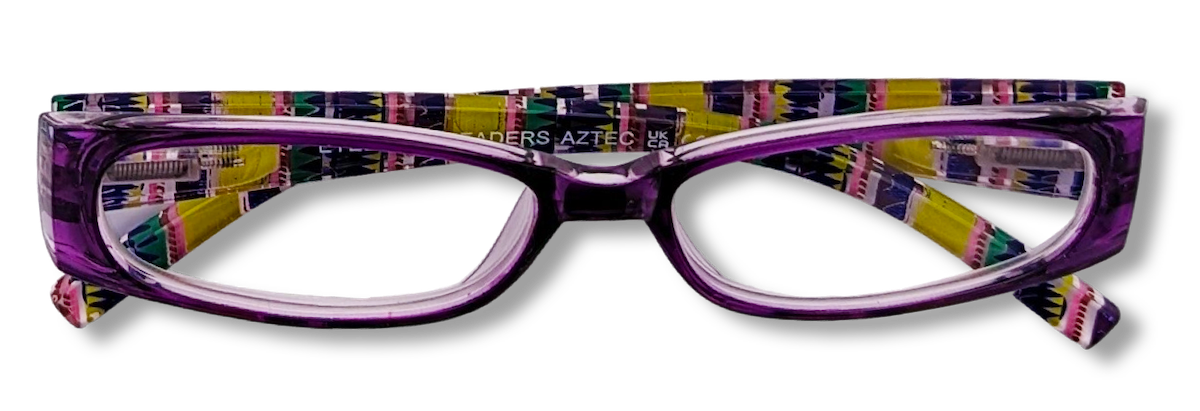 Eyelevel-UK Aztec reading glasses with a purple rectangular frame and a colourful patterned interior design.