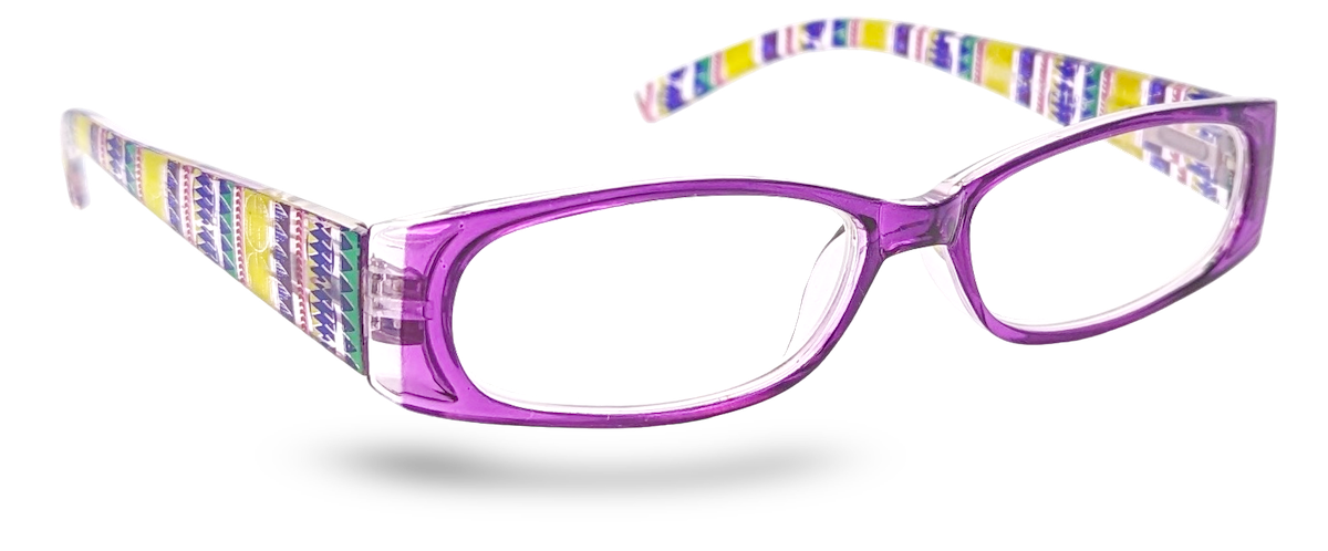 Eyelevel-UK Aztec reading glasses with a purple rectangular frame and multicoloured patterned temples.