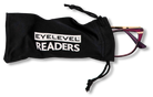Eyelevel-UK Barbados pink cat-eye reading glasses partially inside a black branded drawstring storage pouch