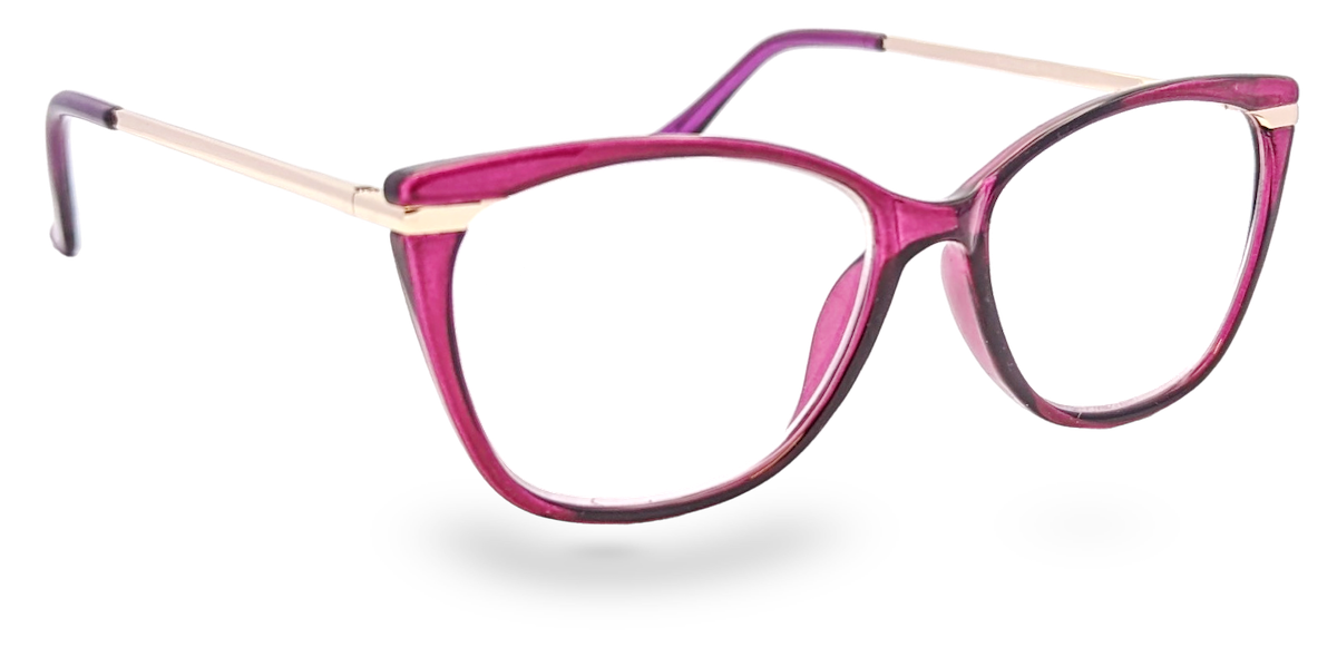 Eyelevel-UK Barbados cat-eye reading glasses with a translucent pink frame and slim metallic temples.